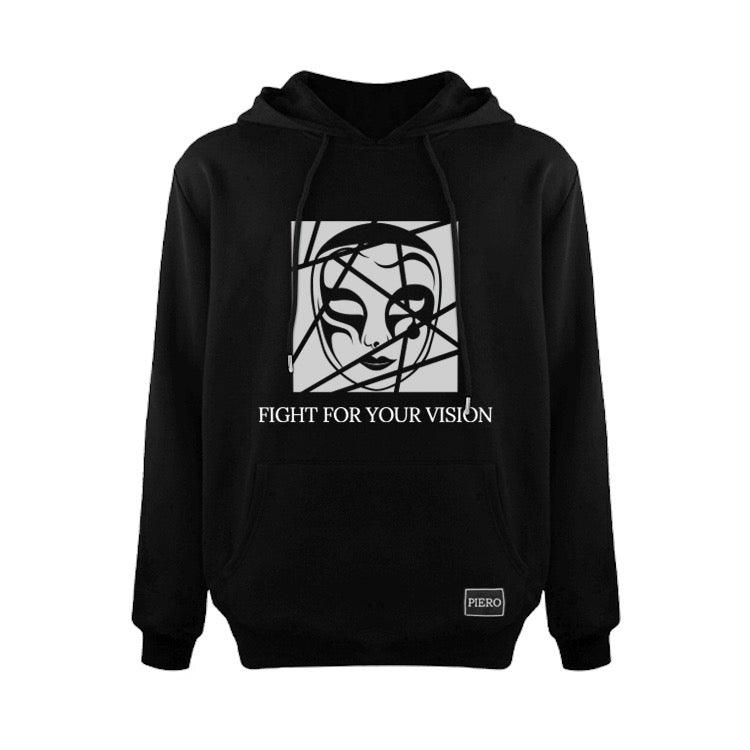 Slim Fit Black Hoodie Reflective Fight For Your Vision Square Logo Heavy Organic Cotton - PIERO Luxury Design