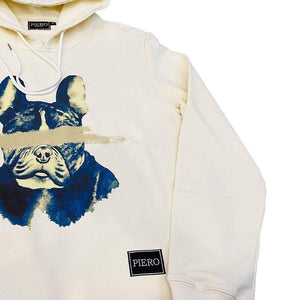 Slim Fit Off White Hoodie Crazy Dog Design Heavy Organic Cotton - PIERO Luxury Design